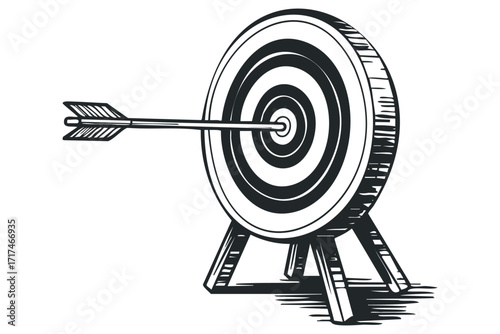 Arrow hitting bullseye on target. Vector hand drawn illustration