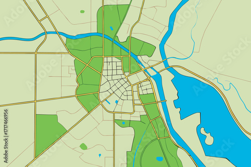 Stylized City Map With Green Spaces And Rivers illustration roads map of