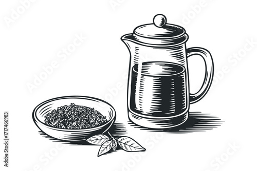 French press with tea leaves and mint sprigs. Vector hand drawn illustration