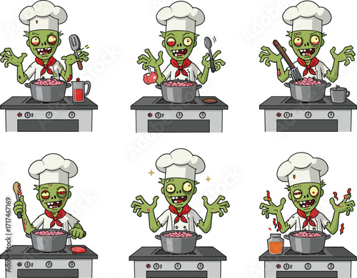 Zombie chef cooking cartoon, horror kitchen illustration, undead character food preparation, spooky recipe comic panels, creepy culinary vector art