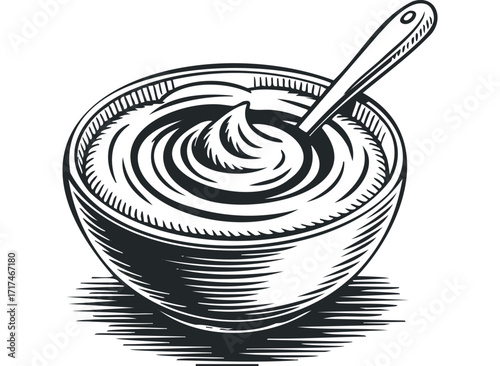 Bowl of Cream with Spoon. Vector hand drawn illustration