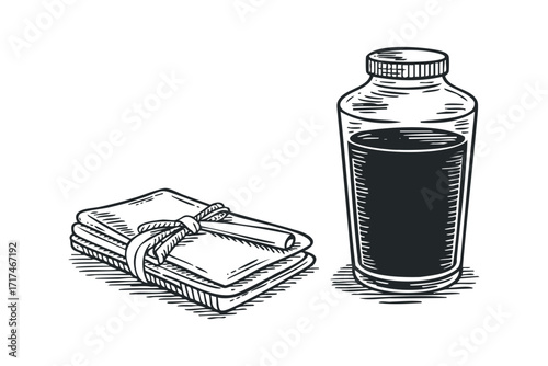 Stack of napkins tied with ribbon next to liquid filled bottle. Vector hand drawn illustration