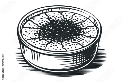 Black and White Scratchboard Dessert in a Dish. Vector hand drawn illustration
