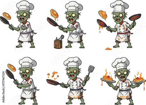 Zombie chef cooking pancakes, cartoon undead kitchen character, horror food illustration, funny monster cook, flaming dishes, vector art