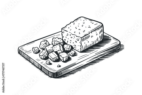 Crumbled cheese on cutting board. Vector hand drawn illustration