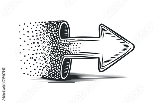 Arrow dissipating into dots motion graphic. Vector hand drawn illustration