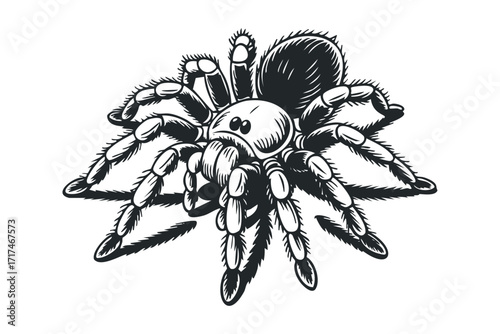 Fuzzy Tarantula Spider Black and White Graphic. Vector hand drawn illustration