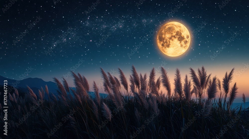 Naklejka premium Full moon and Japanese pampas grass in midnight,The harvest Miscanthus sinensis and full moon,beautiful night sky in the countryside with the perfect moon exudes beauty in the dark.