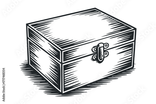 Wooden chest with latch, monochrome vintage style. Vector hand drawn illustration