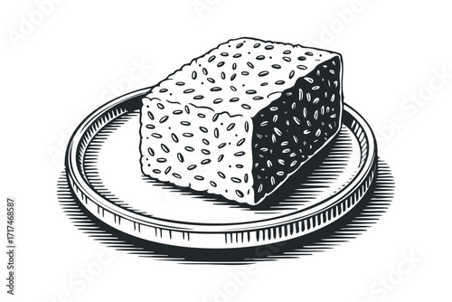 Square piece of rice cake on a plate. Vector hand drawn illustration