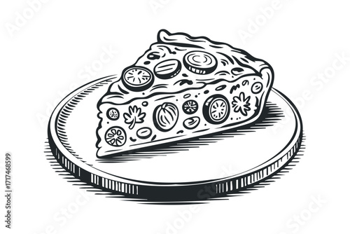 Pizza slice on plate sketch. Vector hand drawn illustration