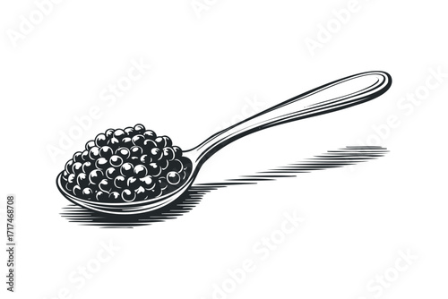 Spoon filled with caviar. Vector hand drawn illustration