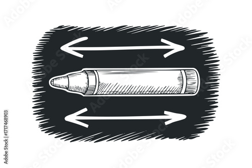 Hand drawn image of a bullet with opposing arrows. Vector hand drawn illustration