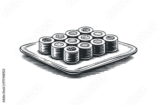 Mono Line Drawing of Assorted Sushi Rolls on Square Plate. Vector hand drawn illustration