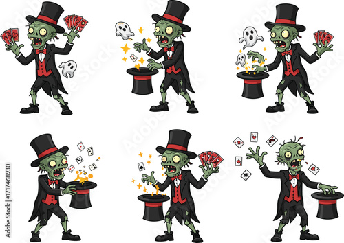 Zombie magician performing spooky magic tricks, ghost illusions, card fan flourish, undead wizard act, cartoon horror fantasy character illustration