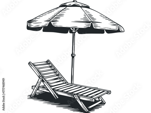 Wooden lounge chair under beach umbrella sketch. Vector hand drawn illustration