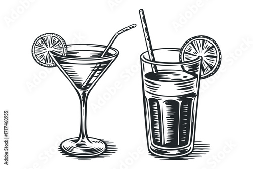 Two refreshing drinks with lemon slices and straws. Vector hand drawn illustration