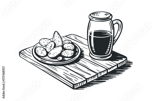 Hand Drawn Sketch of Potatoes and Drink on Wood Board. Vector hand drawn illustration