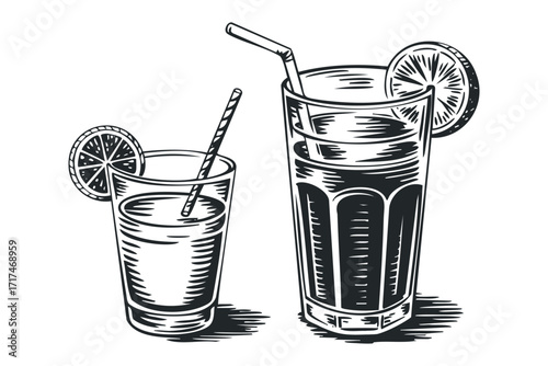 Two refreshing drinks with lemon slices and straws. Vector hand drawn illustration