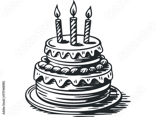 Sketch of three tiered birthday cake with lit candles. Vector hand drawn illustration