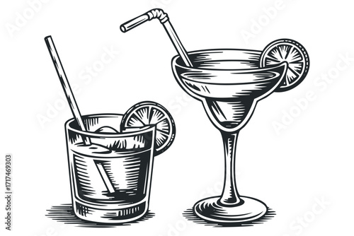 Two refreshing drinks with citrus slices and straws. Vector hand drawn illustration