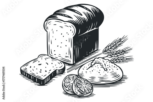 Sketch of sliced bread wheat and citrus fruit. Vector hand drawn illustration