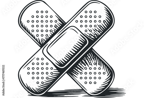 Crossed Adhesive Bandages with Circles and Hatching. Vector hand drawn illustration