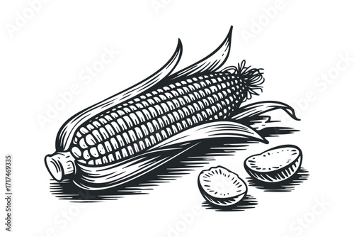 Sketch of a fresh corn cob with husks and kernels. Vector hand drawn illustration