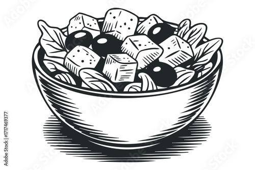 Bowl of Greek Salad with Feta Cheese and Olives. Vector hand drawn illustration