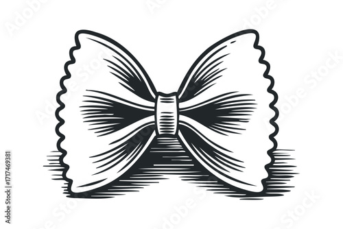 Farfalle pasta shape linocut graphic. Vector hand drawn illustration
