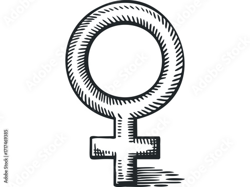 Female gender symbol with hatching and shadow. Vector hand drawn illustration