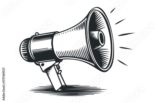 Megaphone symbol emitting sound waves in vintage style. Vector hand drawn illustration