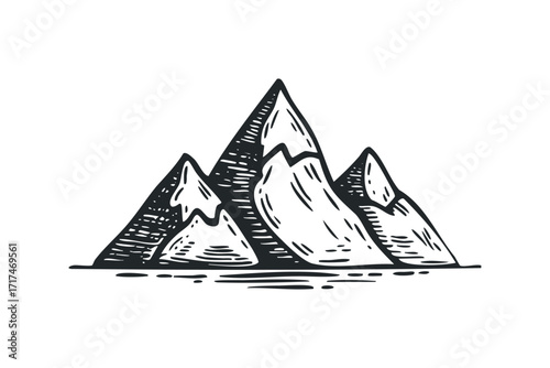Sketchy mountain range with snow capped peaks. Vector hand drawn illustration