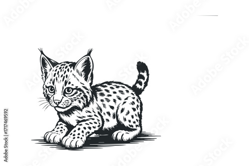 Young Lynx Kitten with Spotted Fur Lying Down. Vector hand drawn illustration