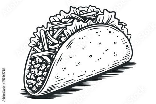Line art taco with lettuce and filling. Vector hand drawn illustration