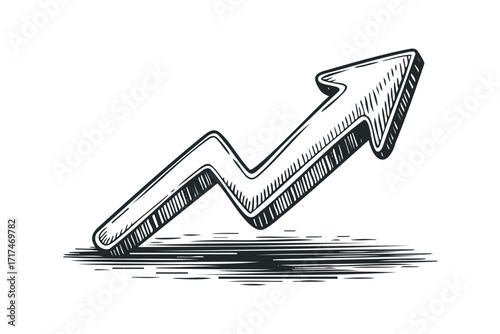 Graph Arrow Pointing Upward With Textured Shadows. Vector hand drawn illustration