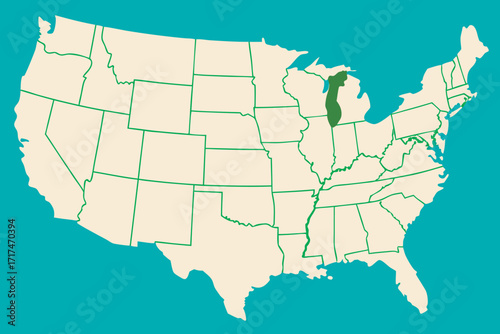 Map of the USA highlighting Wisconsin in dark green united states america