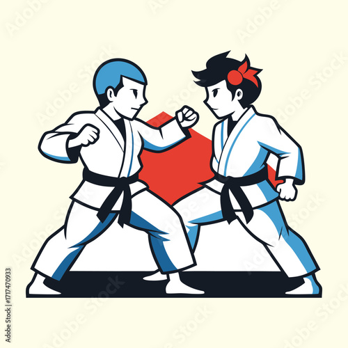 Dynamic Karate Match: Two Young Martial Artists in Training and Combat Stance
