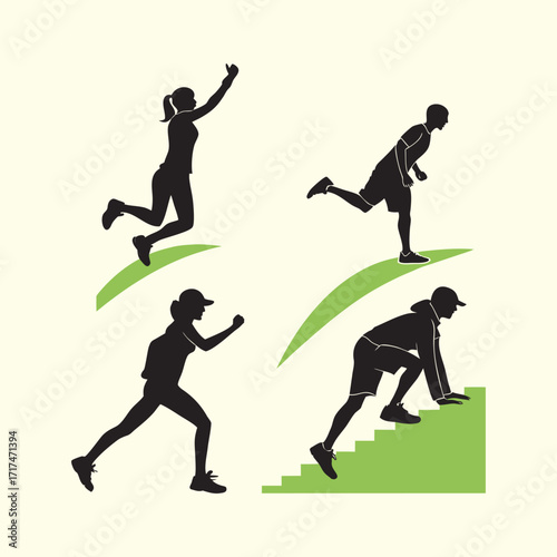 Silhouettes of diverse people in action, running, climbing, and hiking, representing fitness, sport, and outdoor activities