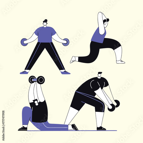 Diverse people exercising with dumbbells and doing lunges, modern fitness workout illustration for wellness and active lifestyle.