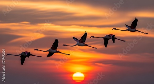 A flock of flamingos in flight against a vibrant orange and red sunset sky.