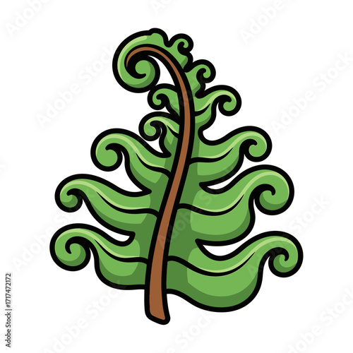 Cartoon illustration of a green fern frond with curled leaves on white.