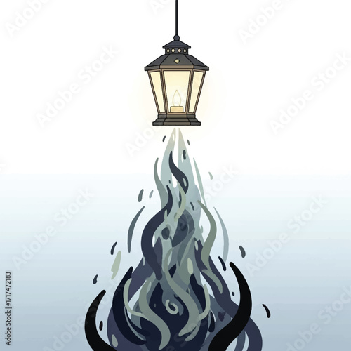 A dark, ornate lantern with a glowing candle illuminates a rising, swirling mass of dark liquid or smoke with tentacle-like forms.