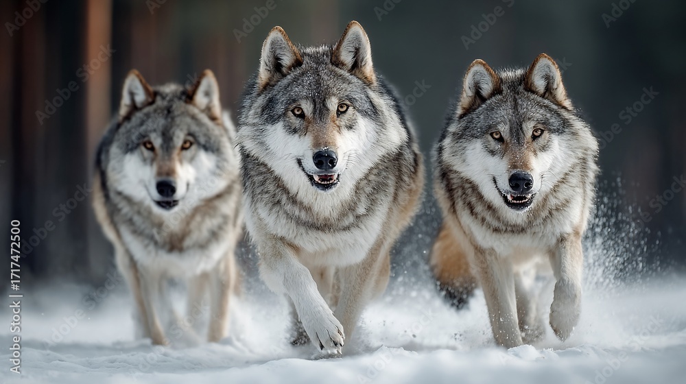 Obraz premium Three majestic wolves run through snow, toward the viewer, with winter forest in the soft background