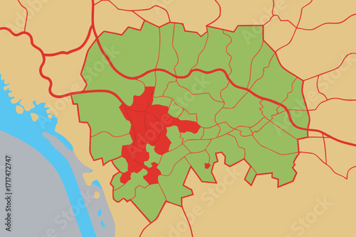 City Map with Highlighted Districts and Water Body Keywords: city map, urban planning, map of