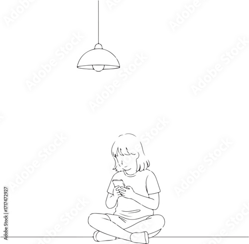 Child Sitting Cross Legged Using Smartphone Line Art