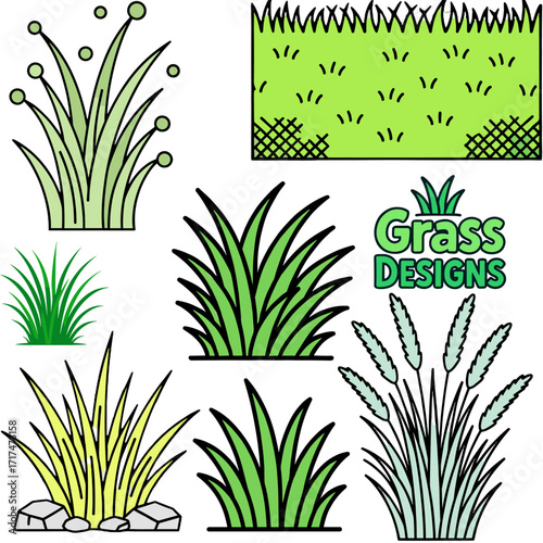 Different types of grass design vector set suitable for landscaping and gardening projects 
