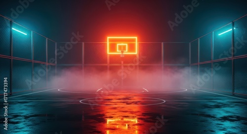 Neon Basketball Court With Dramatic Lighting And Fog Effect
