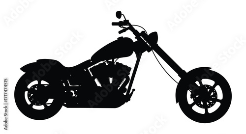 A striking black silhouette of a classic chopper motorcycle on white background