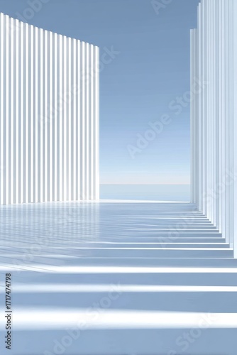 Minimalist white architectural structure with reflective floor and blue sky